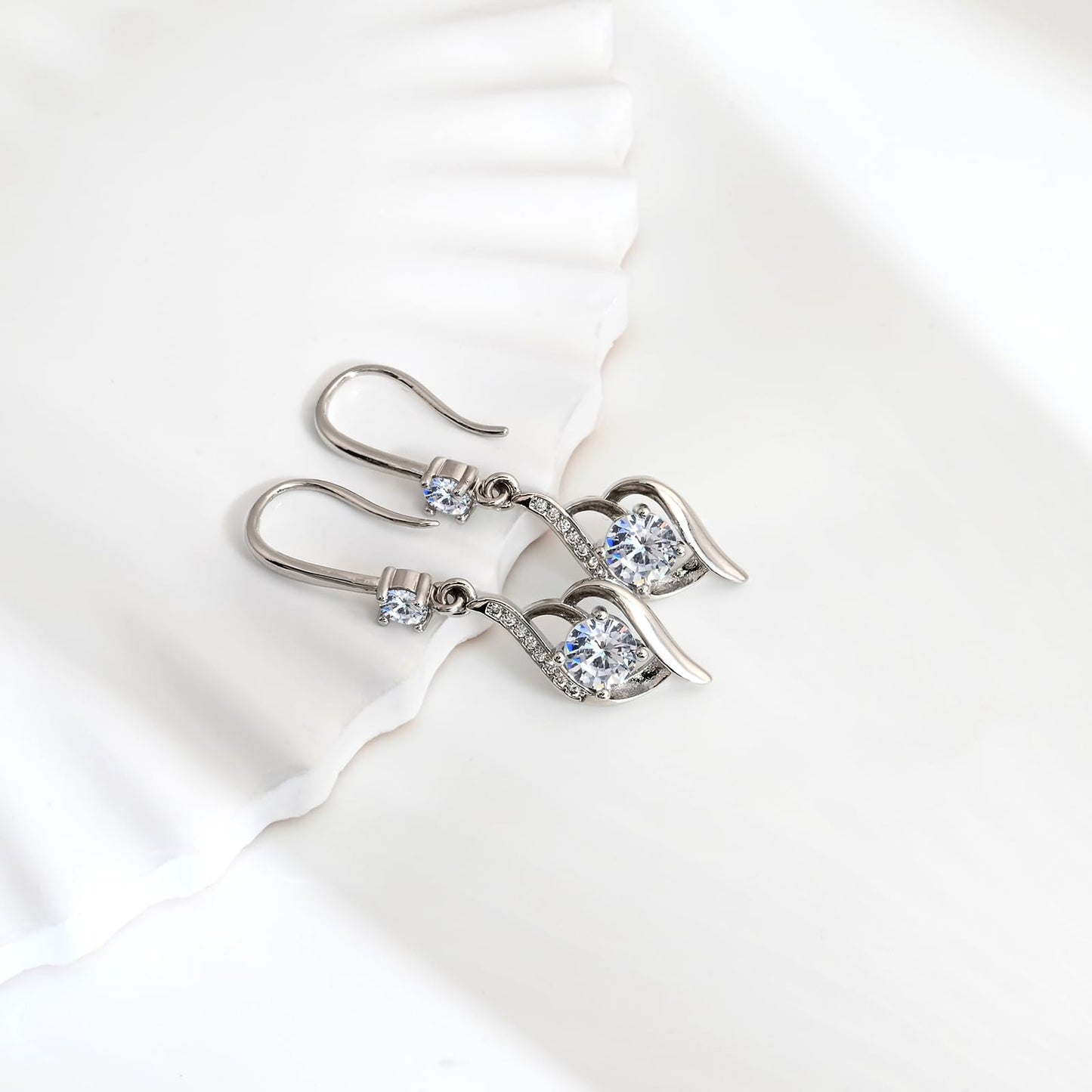 Heart Cubic Zirconia Drop Dangle Earrings-925 Sterling Silver with White Crystals-Long Birthstone Jewellery for Women