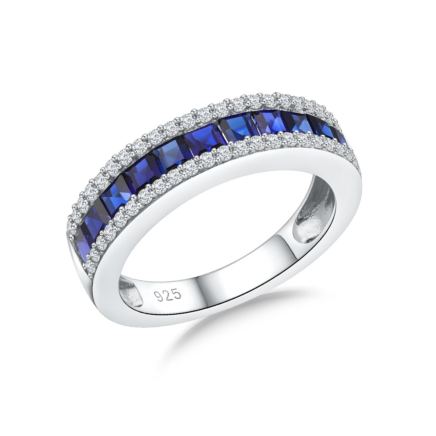 RANDES Blue Sapphire Ring Half Eternity Wedding Band 925 Sterling Silver Thick Band Rings for Women Size 7