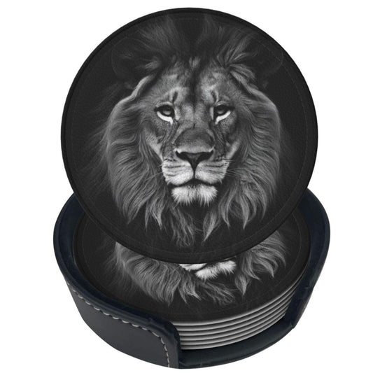 Famame 6 Pcs 3D Black Lion Leather Coasters for Drinks with Holder Coaster Sets Drink Table Cup Coasters for Living Room Kitchen Coffee Decor