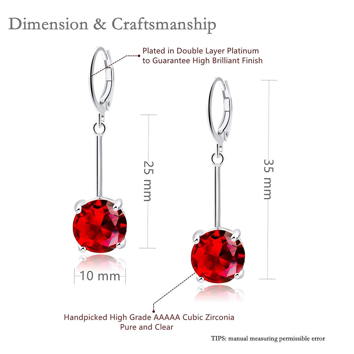 VONSSY Gemstone Drop Dangle Earrings | Platinum /Gold Plated Leverback Crystal Cubic Zirconia Hanging Red /Pink/Blue Earrings (Ruby Red-Platinum)