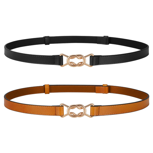 JASGOOD Women Skinny Genuine Leather Belt Thin Waist Belt for Jeans Pants Adjustable Vintage Belt with Gold Buckle 2 Pack