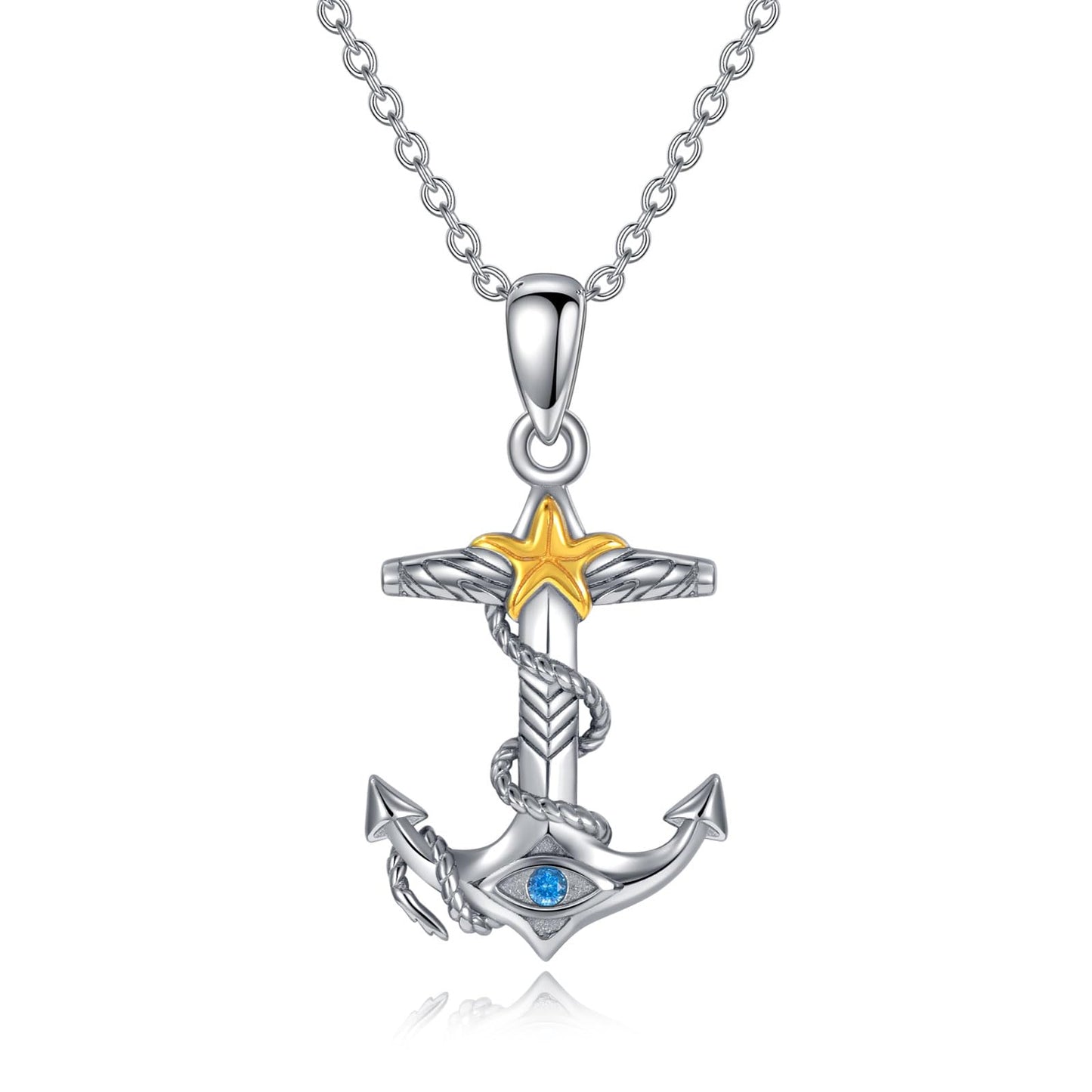 PROESS Anchor starfish Necklace 925 Sterling Silver Evil Eye Pendant Necklace Nautical Anchor Jewelry Gifts For Women Men