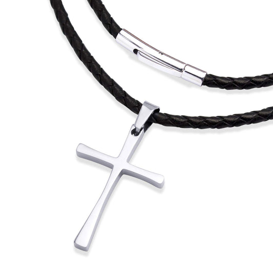 555Jewelry Stainless Steel Metal Cross Braided Rope Cord Unisex Women Men Religious Christian Prayer Vintage Fashion Jewelry Pendant Hanging Necklace, Silver & Black 22 Inch