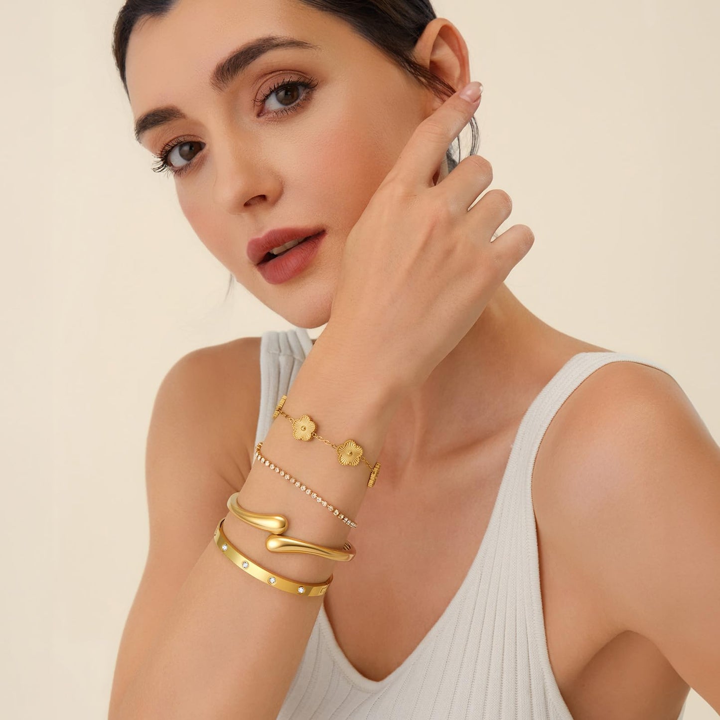 Mothers Day Gifts for Mom 18K Gold-Plated Bracelet Set – Floral Clover, Tennis, Chunky Adjustable Twist Cuff, Classic Gold-plated Bangle Stainless Steel, Non Tarnish, Stackable Bracelet Gift for Women