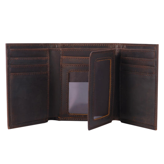 baotuiok Mens Trifold Crazy Horse Leather Wallet with 11 card Slots， Genuine Leather RFID Blocking Wallet for Men（brunet brown）