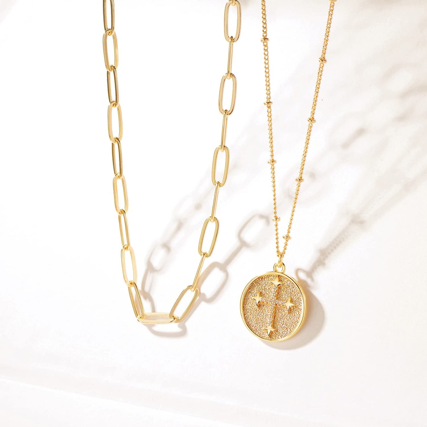 MEVECCO Gold Layered Choker Necklace for Women, 18K Gold Plated Dainty CZ Cross Coin Pendant Minimalist Paperclip Double Layer Necklace for Jewelry