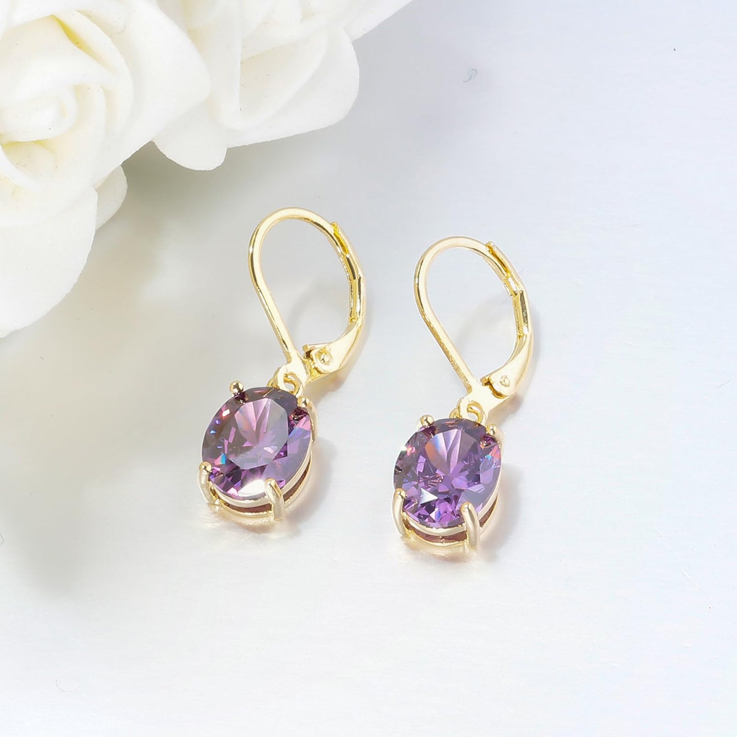 CiNily Cut-Oval Leverback Dangle Earrings for Women Purple Cubic Zircon 14K Gold Plated Hypoallergenic Hanging Earrings Lightweight Summer Drop Earrings