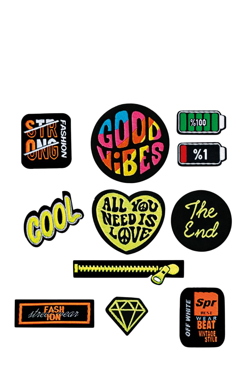 Iron-On Woven Patch Set – 11-Pack Good Vibes, Cool & Diamond Design Badges, 100% Polyester, Strong Adhesive, Easy Heat Press Application