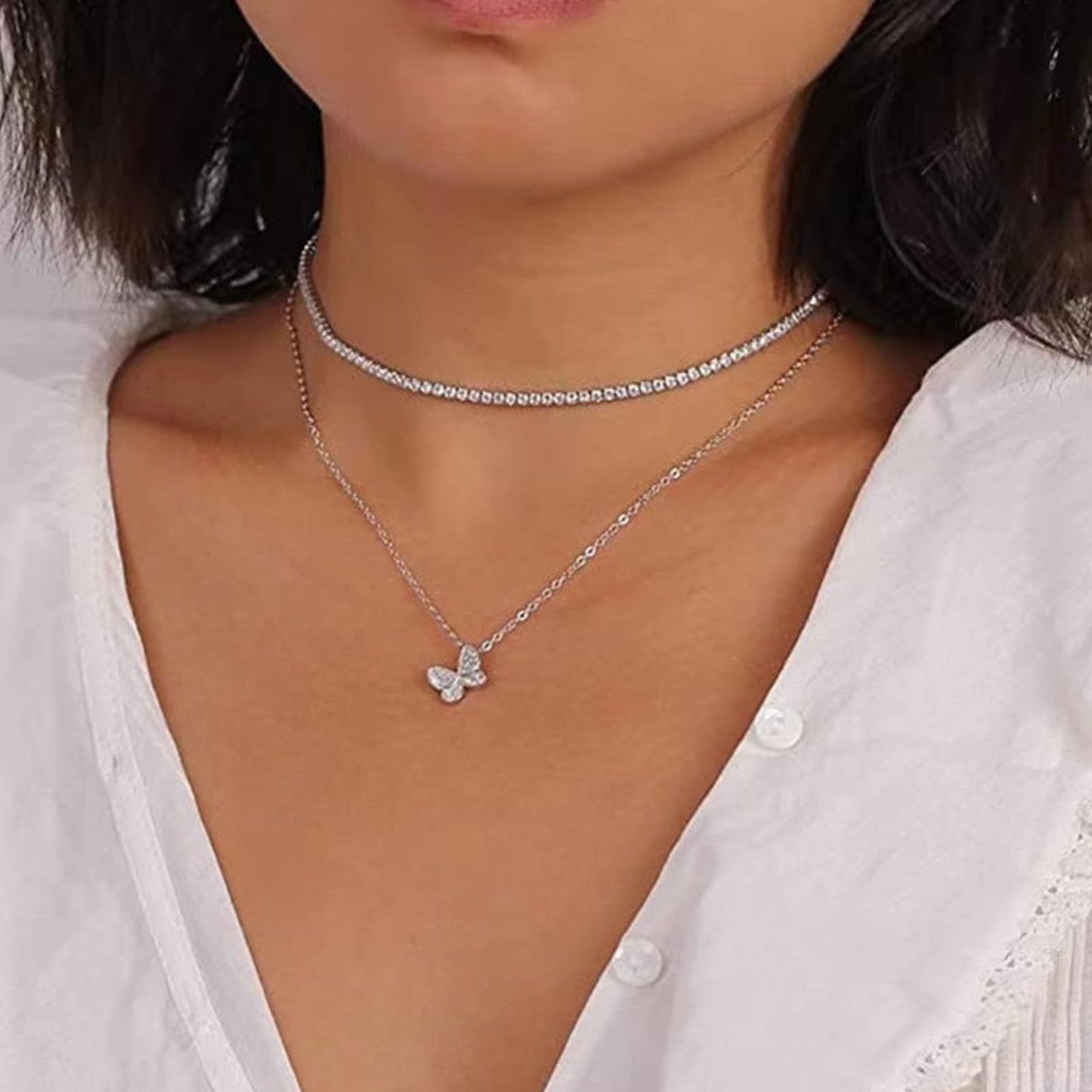 LULII Tennis Necklaces for Women 14K Silver Plated Rhinestone Choker Necklace Dainty Faux Cubic Zirconia chain for Women