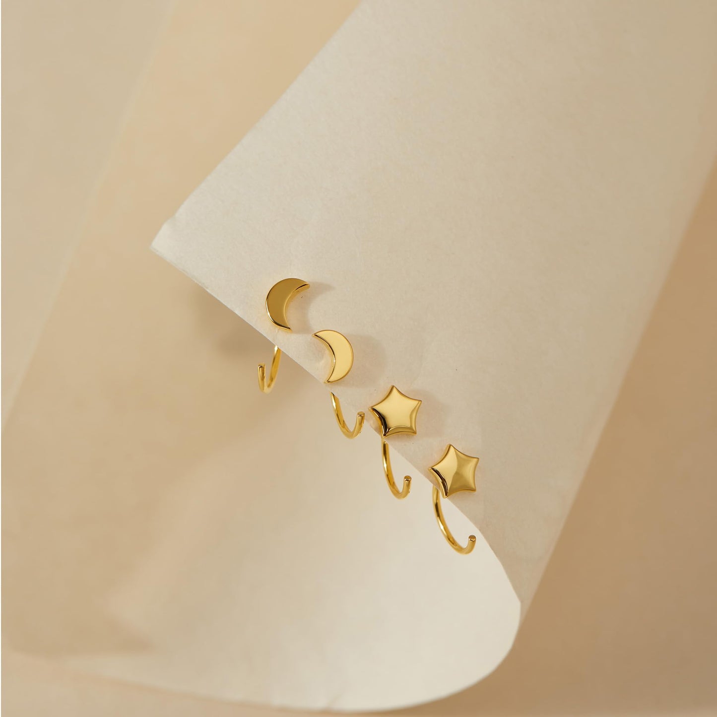 Moon Star Earrings 18K Gold Plated 925 Sterling Silver Half Hoop Earrings for Women Huggie hoops Open Hug Earrings Set 2 Pairs