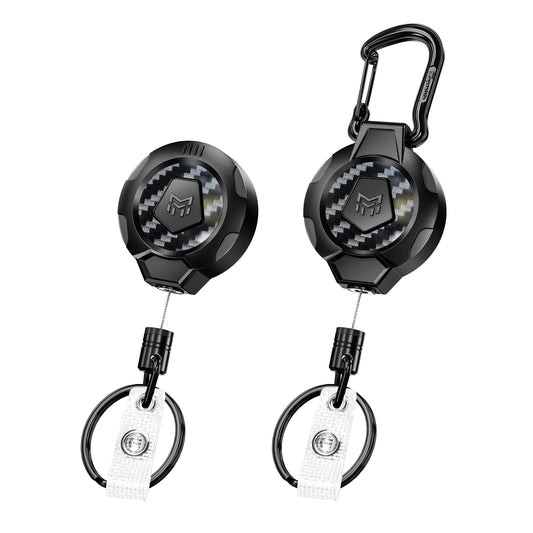 MNGARISTA Upgraded Heavy Duty Retractable Keychain, Belt Clip Ver. & Carabiner Ver., 10 oz Retraction, 31.5" Stainless Steel Cable, 3K Carbon Fiber Tactical ID Badge Reel Key Chain Retractor, 2 Pack