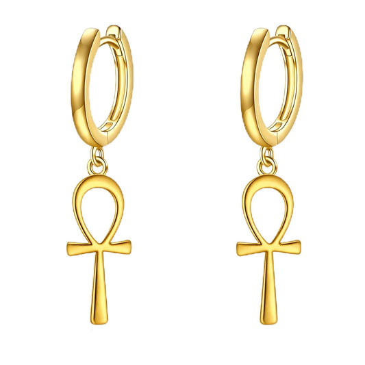 POPLYKE 18k Gold Plated Ankh Hoop Earrings for Women 925 Sterling Silver Egyptian Cross Dangle Earrings Ankh Jewelry Gifts