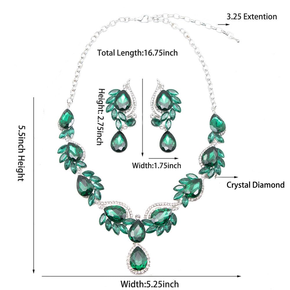 Qlavoca Elegant Crystal Jewelry Set for Women Teardrop Rhinestone Necklace and Dangle Earrings Set for Bridal Evening Prom Jewelry (Green)