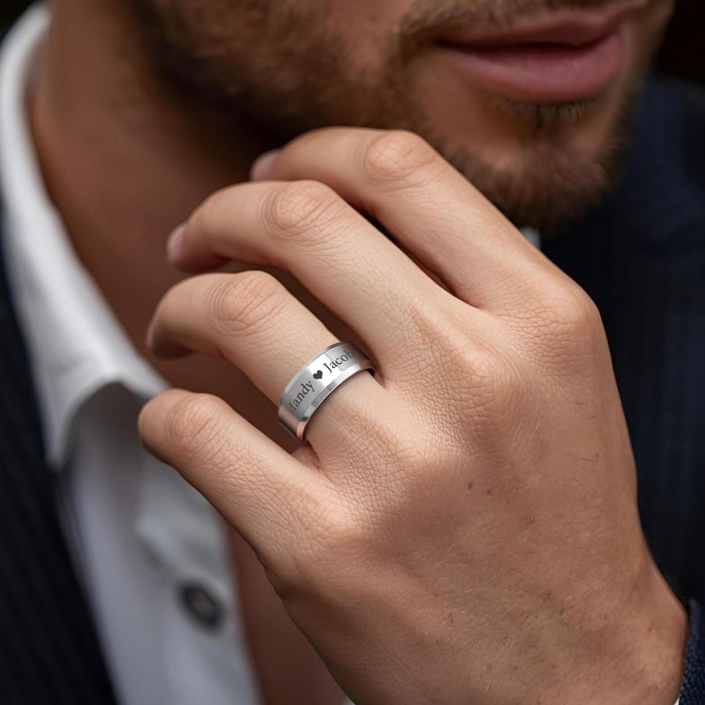 VNOX Customize Personalized Name Date LOVE 8MM Stainless Steel Simple Matte Brushed Finish Wedding Band Engagement Rings for Men Women,Size 10,Silver