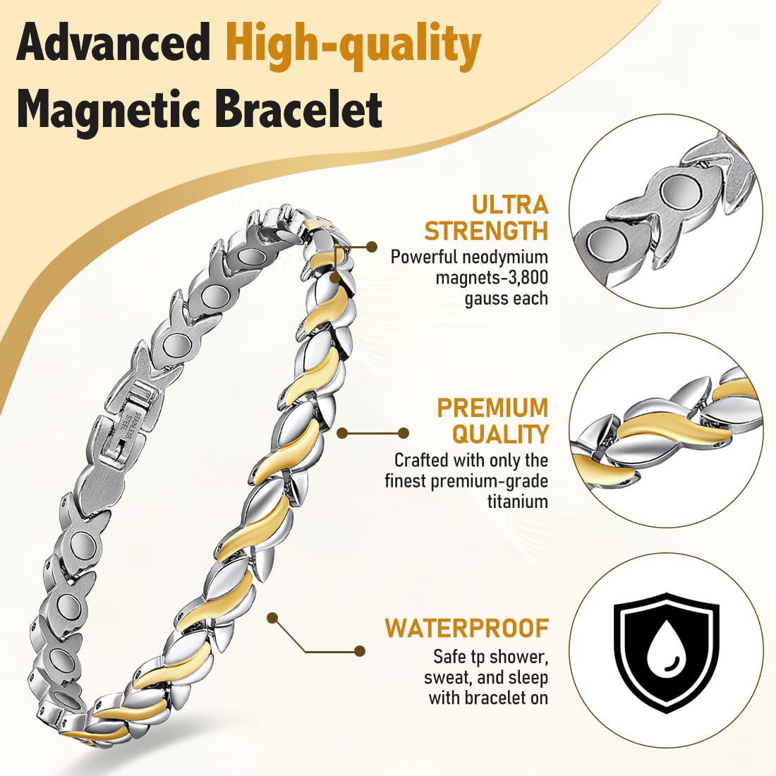 Vicmag Magnetic Bracelet for Women, Titanium Steel Bracelet with Ultra Strength Magnets, Waterproof & Adjustable, Jewelry Gift with Sizing Tool(Silver Gold Fishtail)