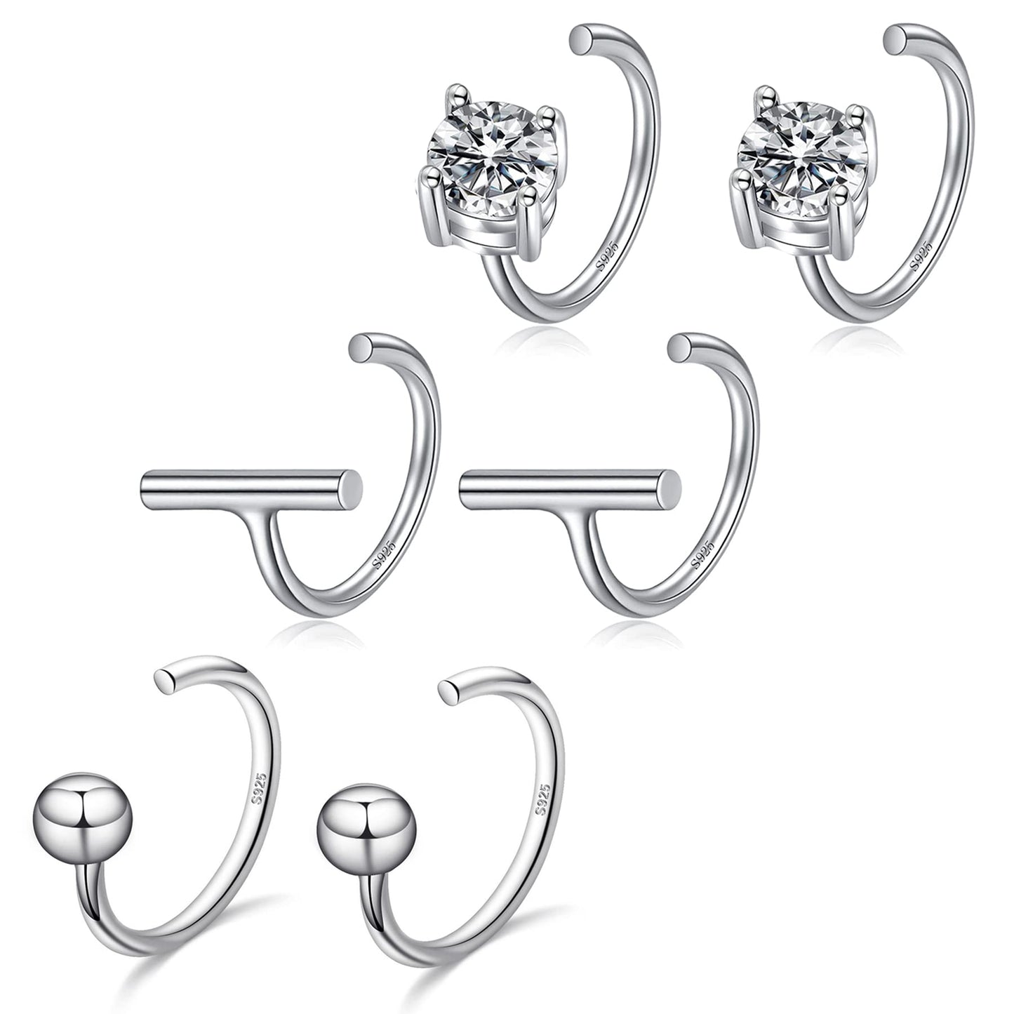 Half Hoop Earrings Set 925 Sterling Silver Bar Huggie Earrings Little Ball Huggie Hoops Cubic Zirconia Hugger Hoop Earrings for Women Open Hoop Earrings 3 pairs