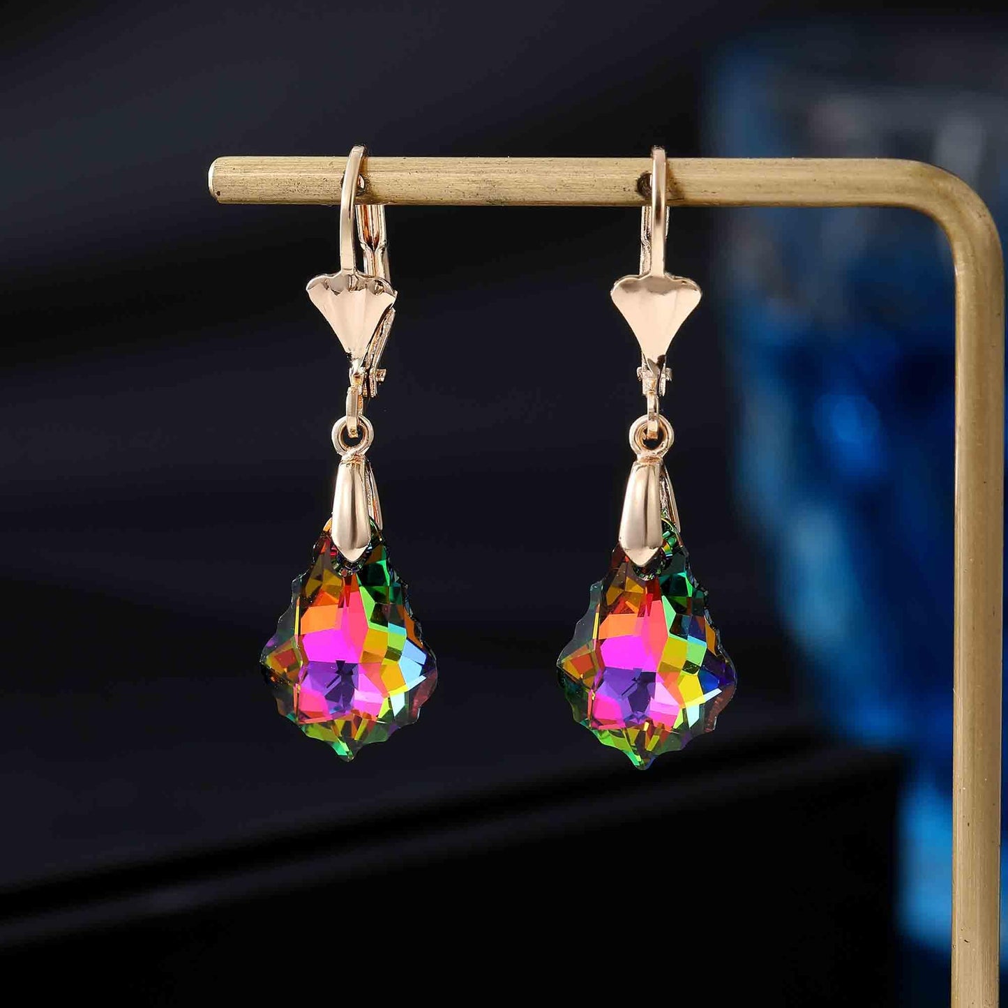 Austrian Crystal Baroque Drop Leverback Earrings for Women Fashion 14K Gold Plated Hypoallergenic Jewelry (Vitrail Medium)