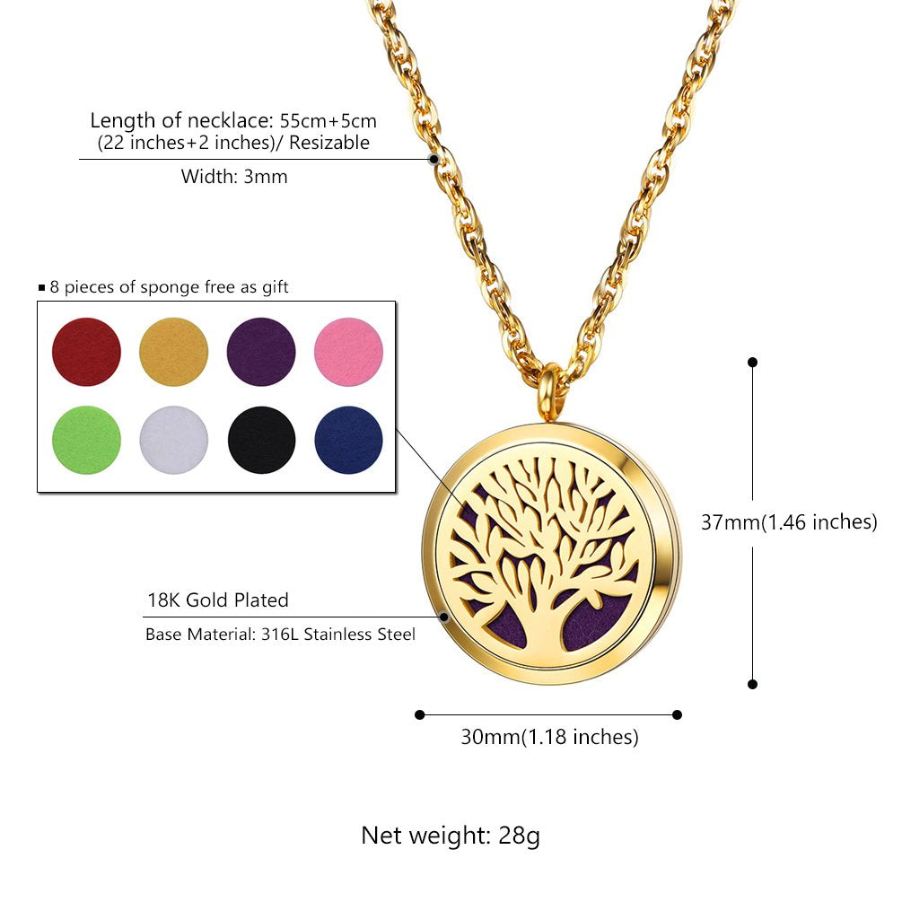 PROSTEEL Tree of Life Locket Essential Oil Diffuser Perfume Necklace Aromatherapy Necklace,Women Jewelry,18K Real Gold Plated,Valentine Christmas Gift