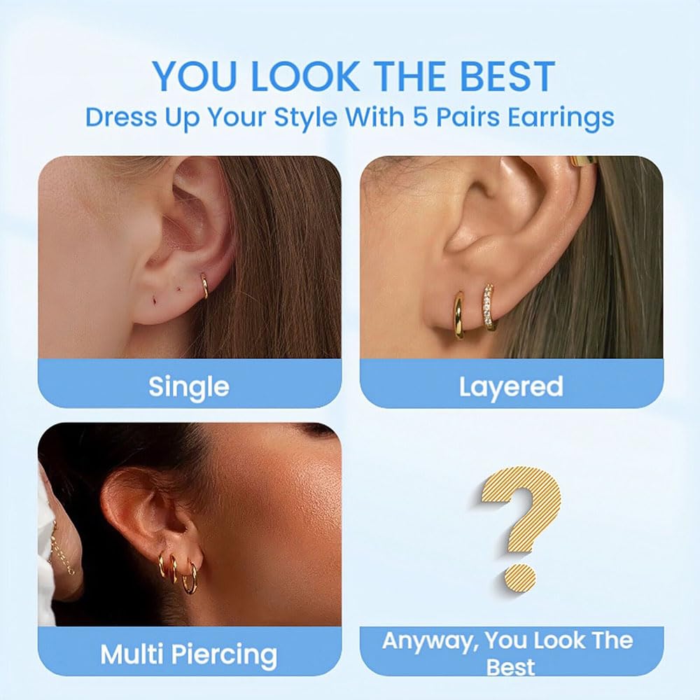 5 Pairs Small Gold Huggie Hoop Earrings Set Women 14K Gold Plated Cartilage Earrings Hypoallergenic Lightweight Stainless Steel Earrings 2nd 3rd Hole Cute Multiple Piercing Stack Jewelry Trendy Gift