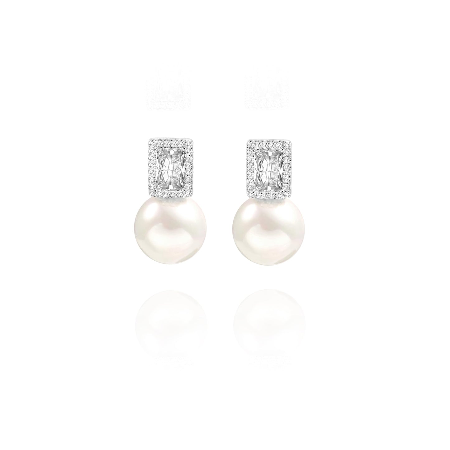 PEARLADA Silver Cubic Zirconia Halo Stud Earrings, Trendy Shell Pearl Earrings for Women, Emerald Cut Diamond Earrings, Dainty Wedding Jewelry