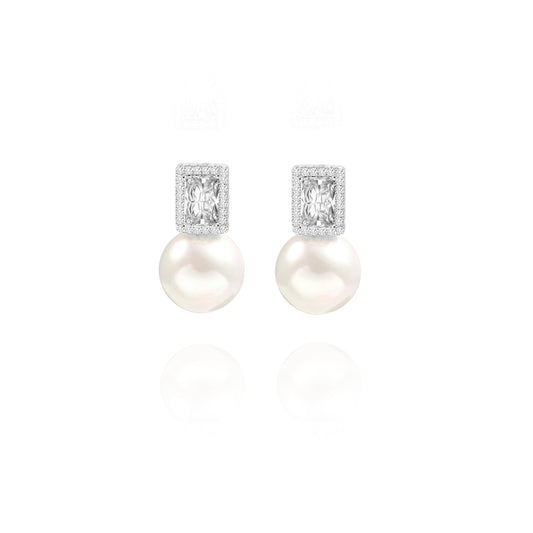 PEARLADA Silver Cubic Zirconia Halo Stud Earrings, Trendy Shell Pearl Earrings for Women, Emerald Cut Diamond Earrings, Dainty Wedding Jewelry