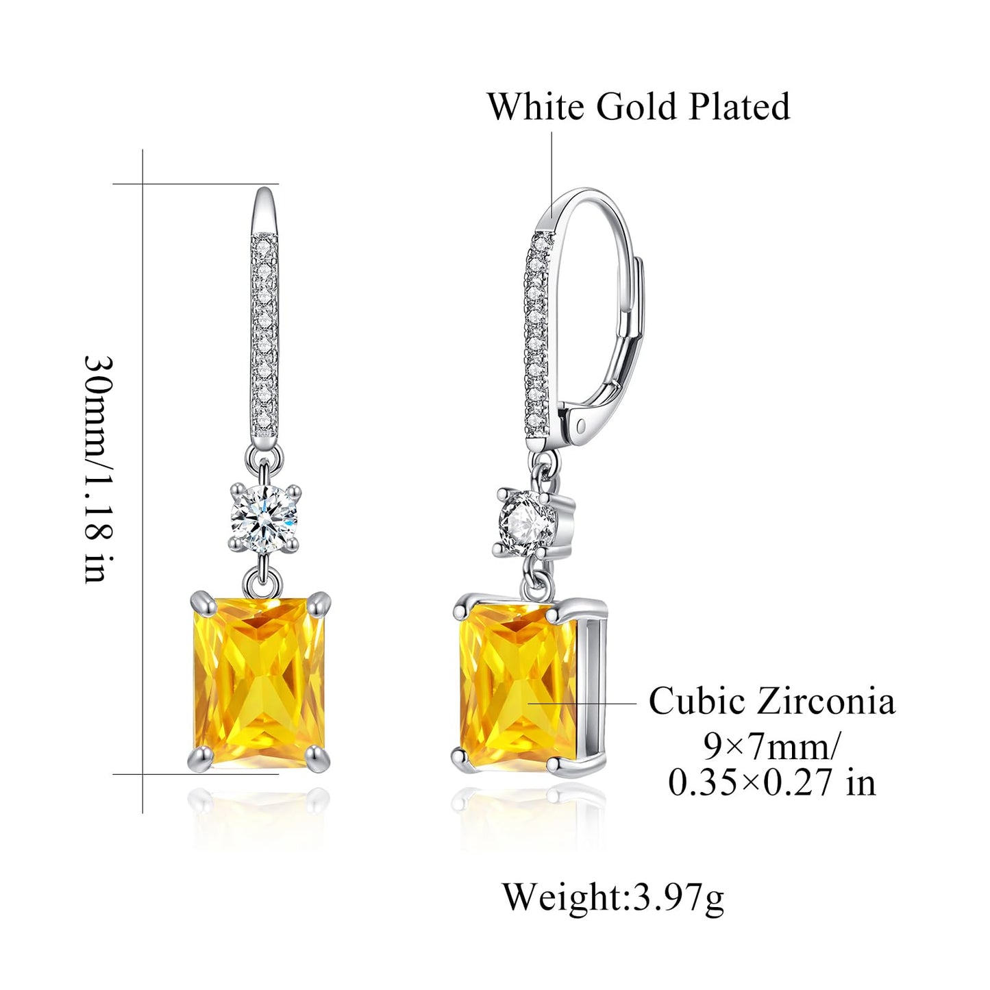 CiNily Leverback Earrings for Women Rectangular-cut Drop Dangle Earring Hypoallergenic, 14K White Gold Plated Yellow Cubic Zircon Earrings Diamond Dangle Ear Rings Jewelry Birthday