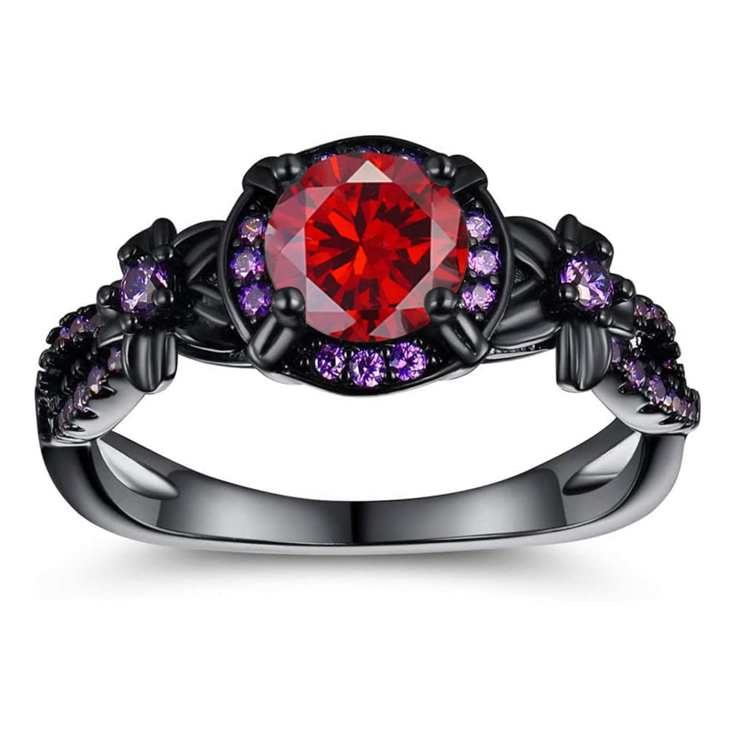 Vintage Black Gold Plated Ring with Created Garnet Gemstone, Purple CZ Accents, Wedding Engagement Band, Sizes 5-10 (8)