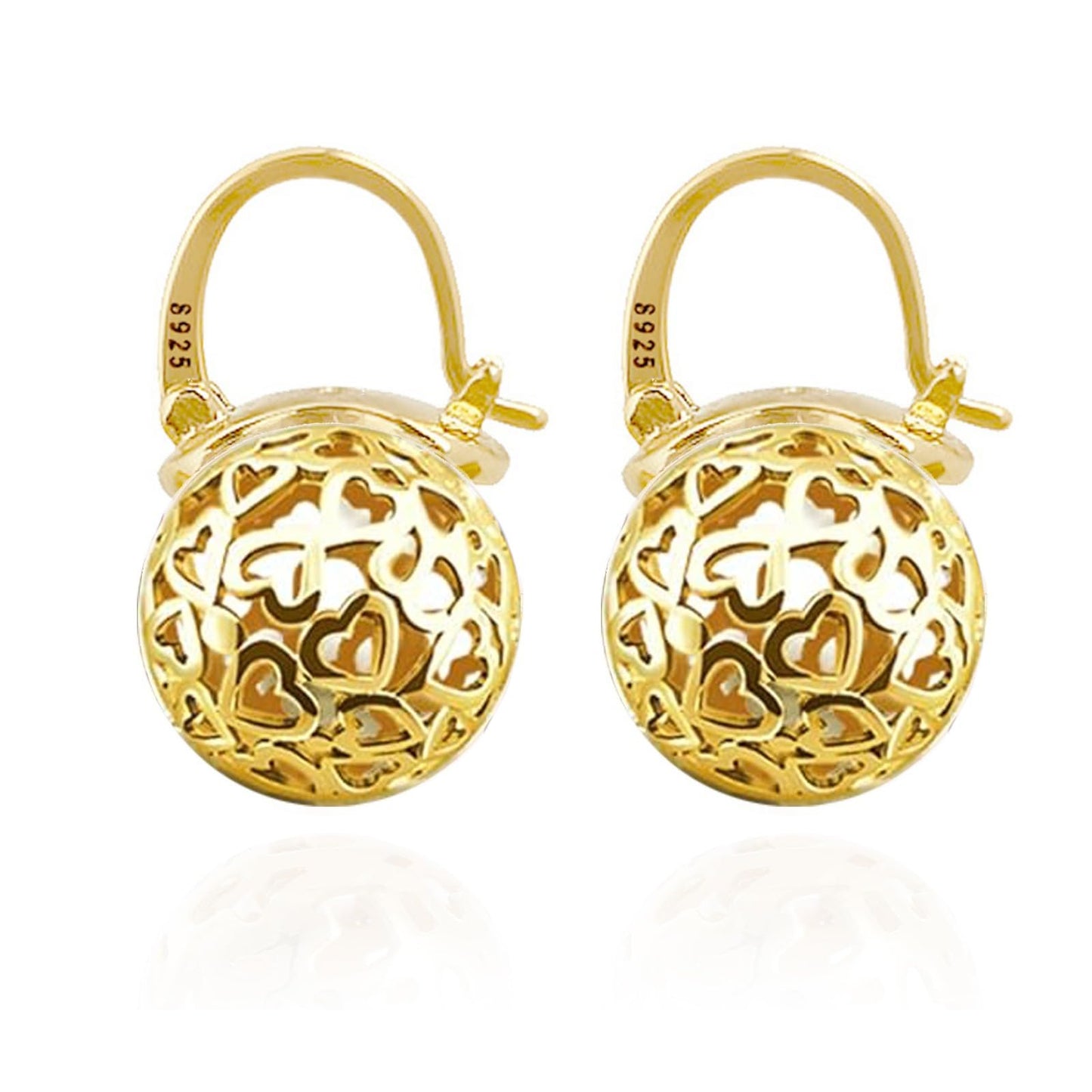 OwMell Elegant 925 Sterling Gold Pearl Drop Earrings Dangle Stud Gold Plated Earrings for Women Large Size 12mm - Hollowed Heart Gold