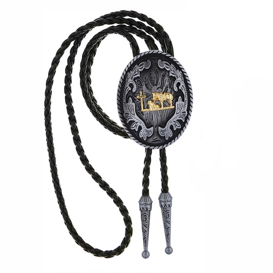 HUABOLA CALYN Vintage Bolo Tie for Men Women, Rodeo Gold Cross Prayer Pattern Cowboy Bolo Tie, Western Cowboy Ties Necklace Leather Necktie Costume Accessories for Birthday Christmas Weddings