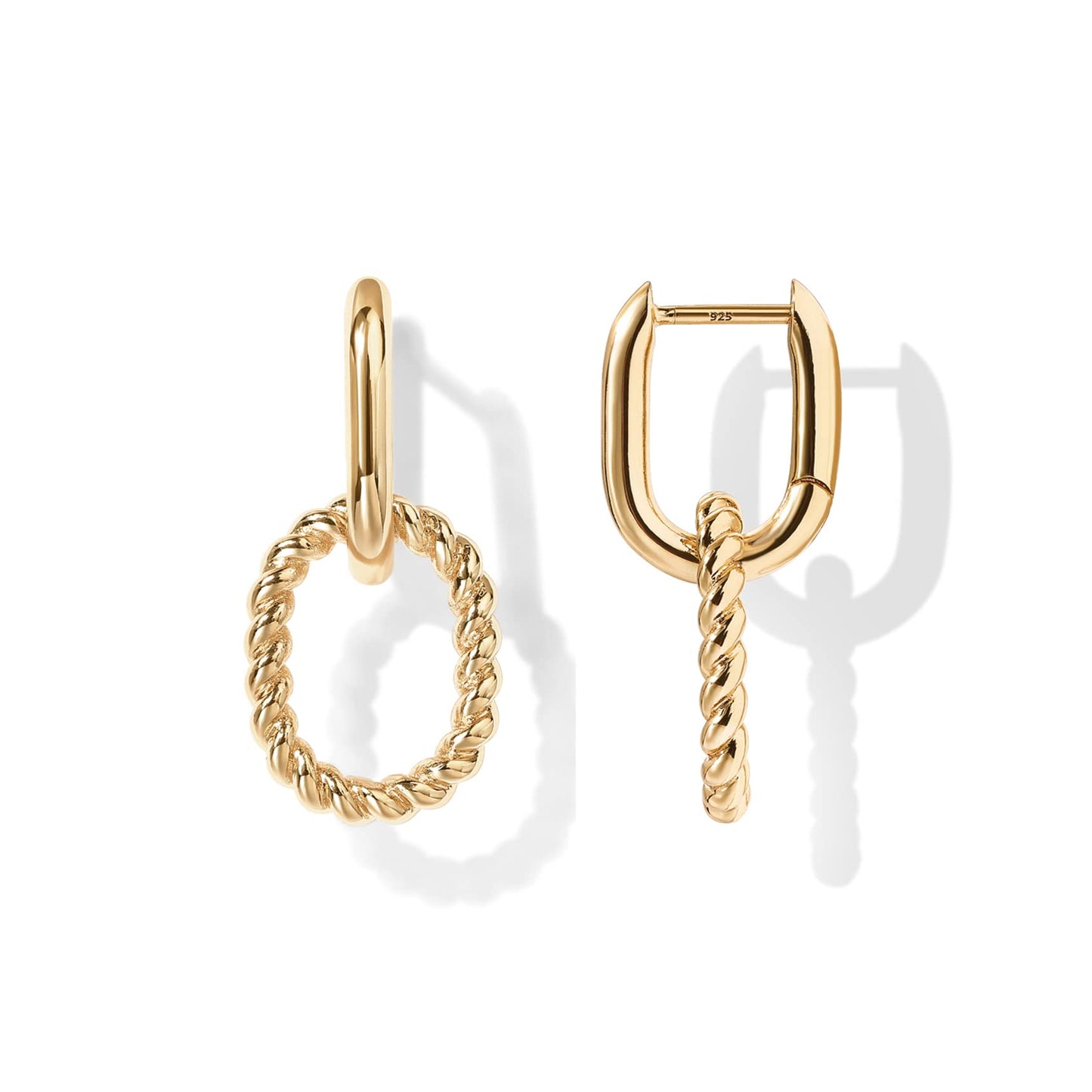 PAVOI 14K Yellow Gold Plated Convertible Twisted Rope and Plain Paperclip Link Earrings for Women - Braided Drop Dangle Huggie Hoop Earrings