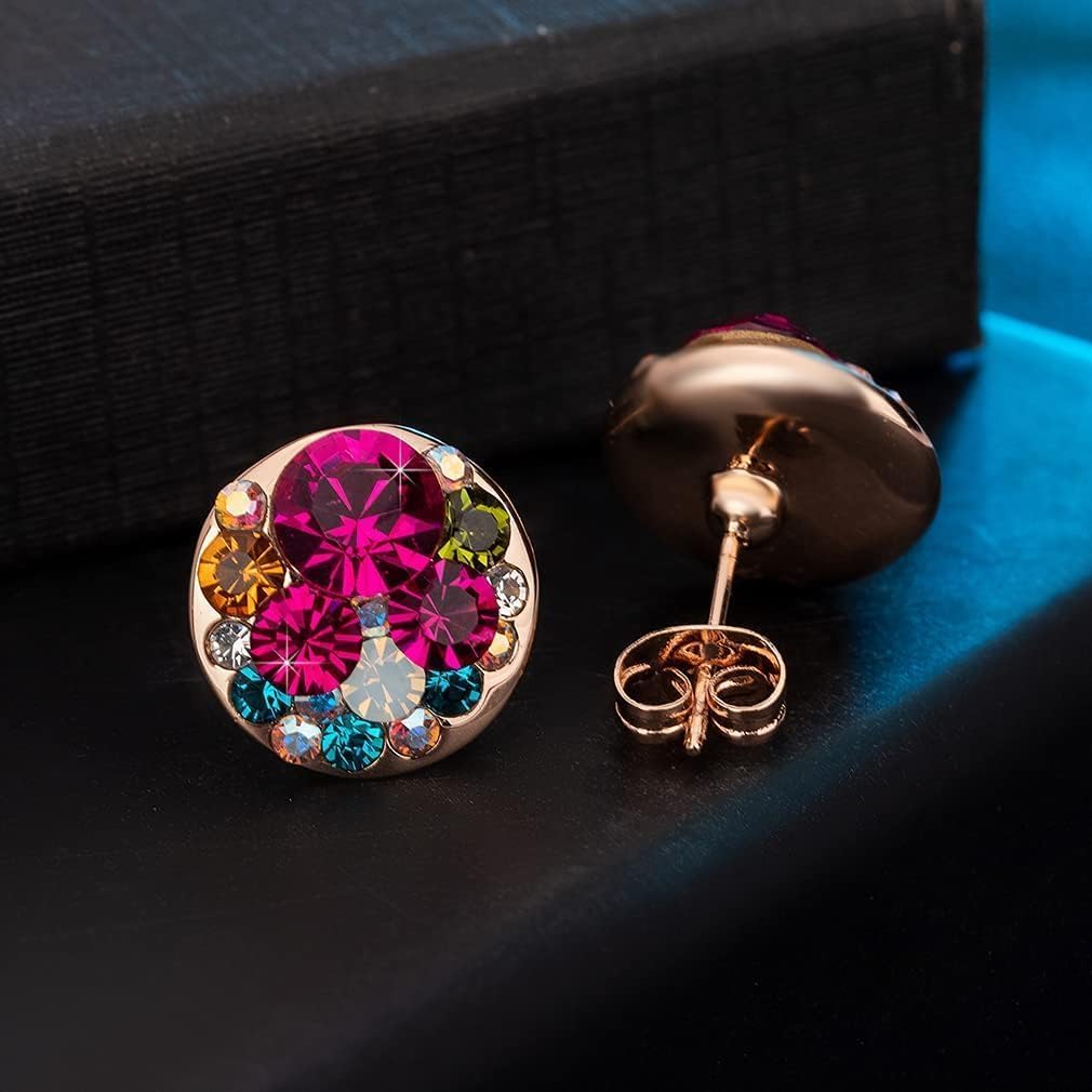 Multicolored Austrian Crystal Rhinestone Stud Earrings for Women Fashion S925 Sterling Silver Hypoallergenic Jewelry (Rose Main Crystal/Rose Gold-tone)