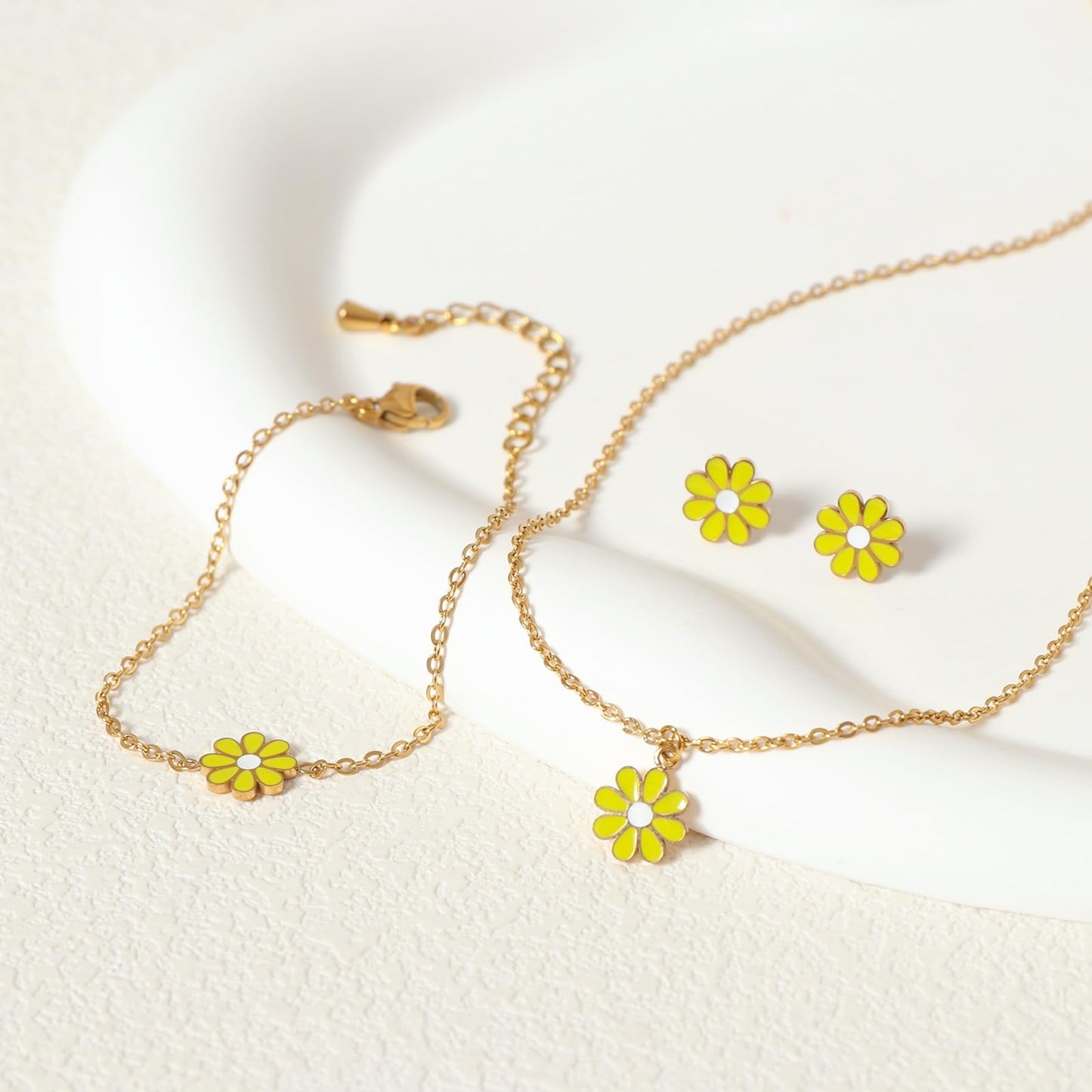 TaYolnFaSo Mini Yellow Flower Jewelry Set for Female Dainty Cute Enamel Small Floral Necklace Earrings Bracelet Set Birthday Gift for Her