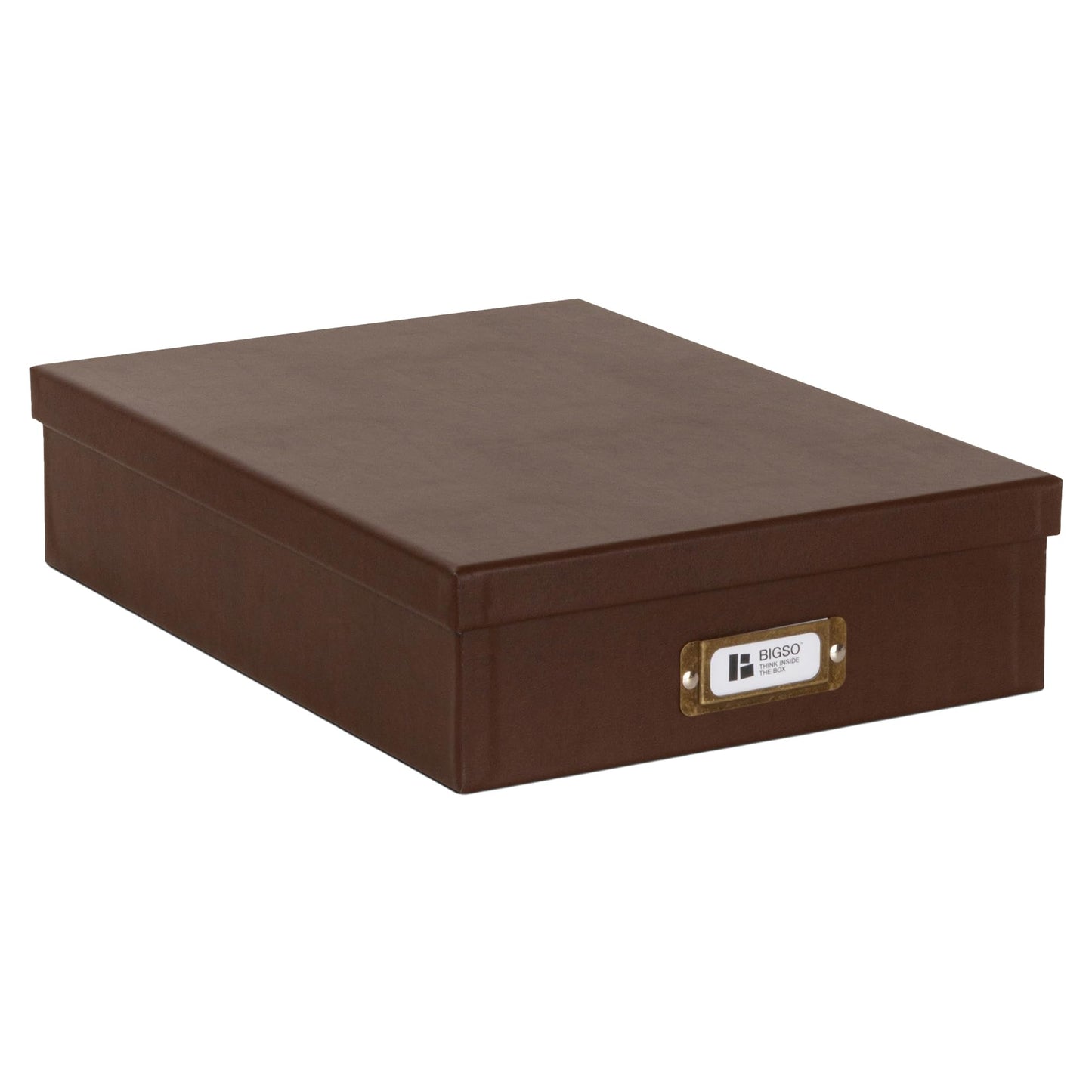Bigso Oskar Fiberboard Document Storage Box with Lid for A4 and Letter Size Papers - Stylish, Sturdy, and Stackable Keepsake Box with Label Holder - W10.2in x D13.8in x H3.3in - Recycled Leather