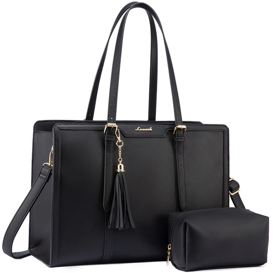 LOVEVOOK Laptop Bag for Women 17.3 Inch Lightweight PU Laptop Tote Bag, Large Capacity Computer bag with Clutch Purse for Business, Work, Office, Travel, School, Casual(Black & Leather)