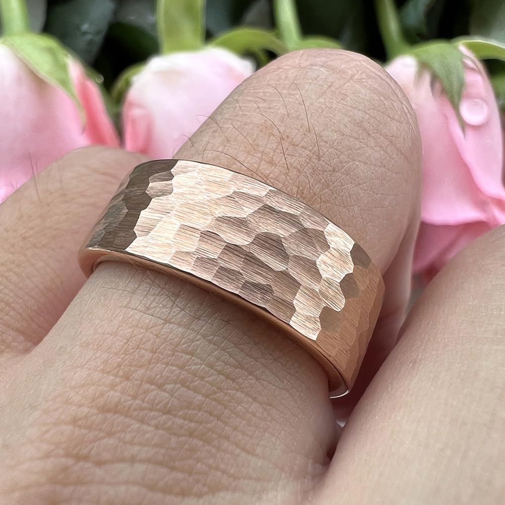 TUTISS 8mm Rose Gold Hammered Tungsten Rings for Men Women Engagement Wedding Bands Pipe Cut Matte Finish Comfort Fit Size 10