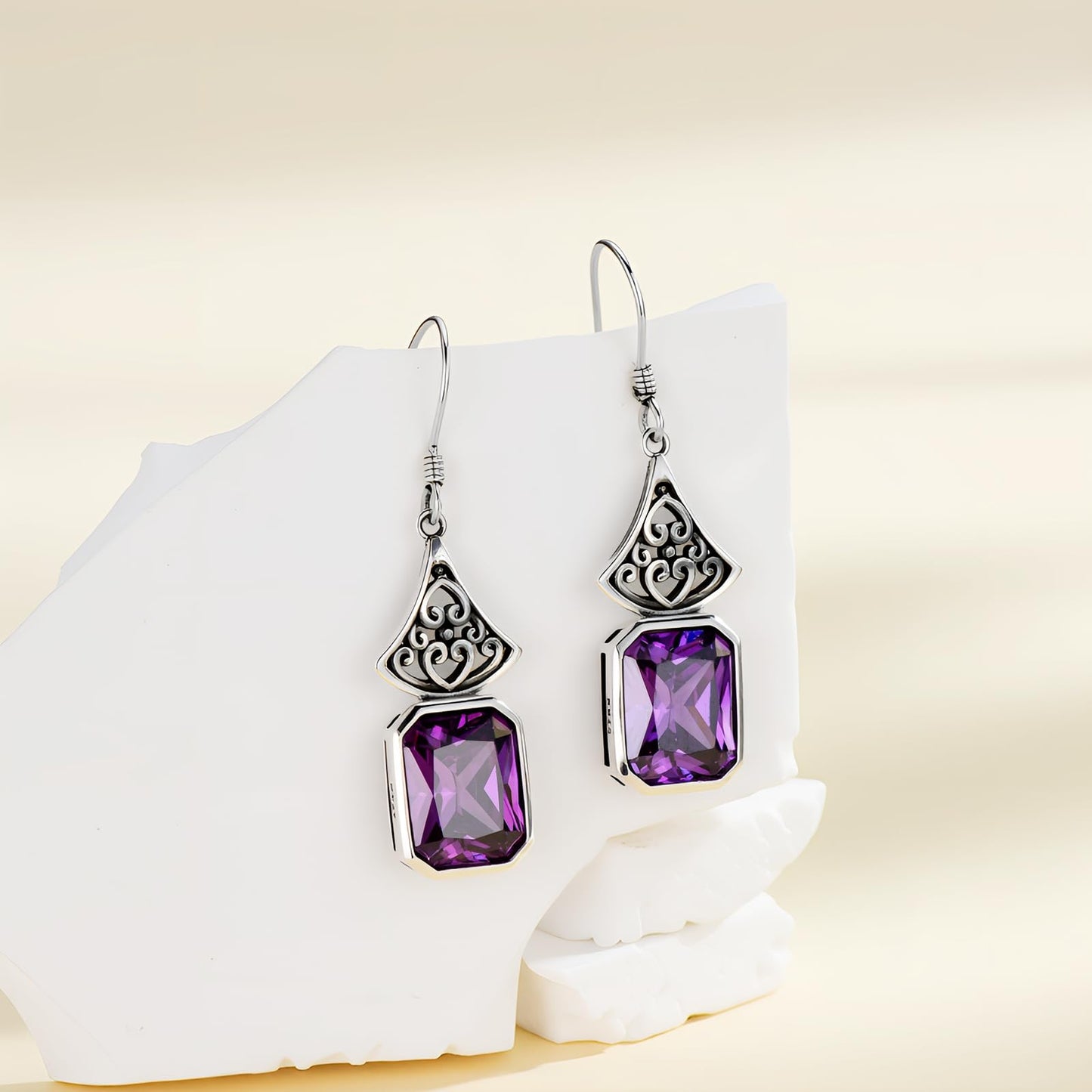 925 Sterling Silver Vintage Oxidized Dangle Drop Earrings with Emerald Cut Purple Amethyst February Birthstone Anniversary Jewelry Gifts for Women
