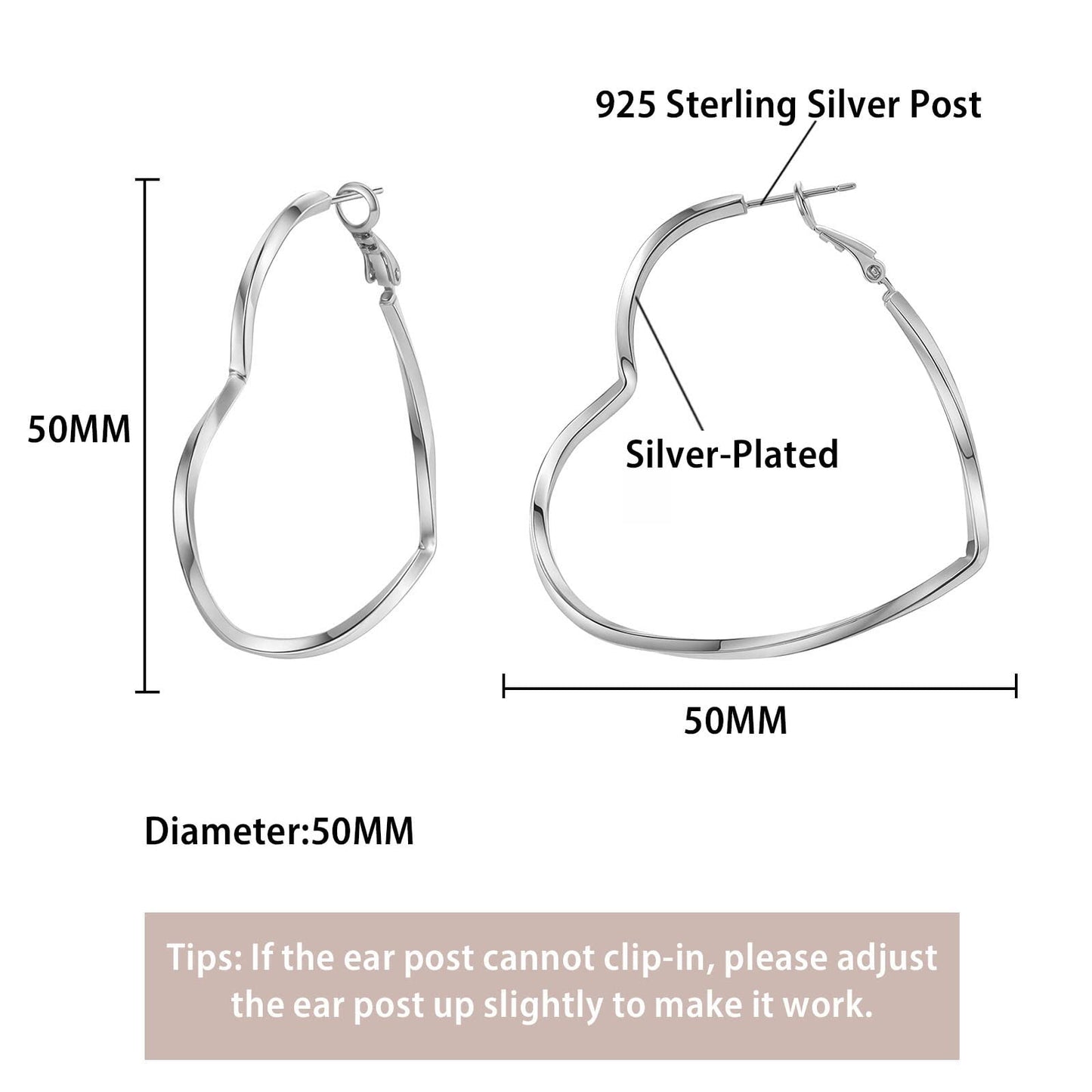 GLOQUAT Silver Plated Heart Hoop Earrings for Women Fashion Large Dangle Earring Heart Shaped Hoop Earrings Thin Hoops Lightweight and Hypoallergenic Trendy Valentie's Gift for Girlfriend Lover 50mm