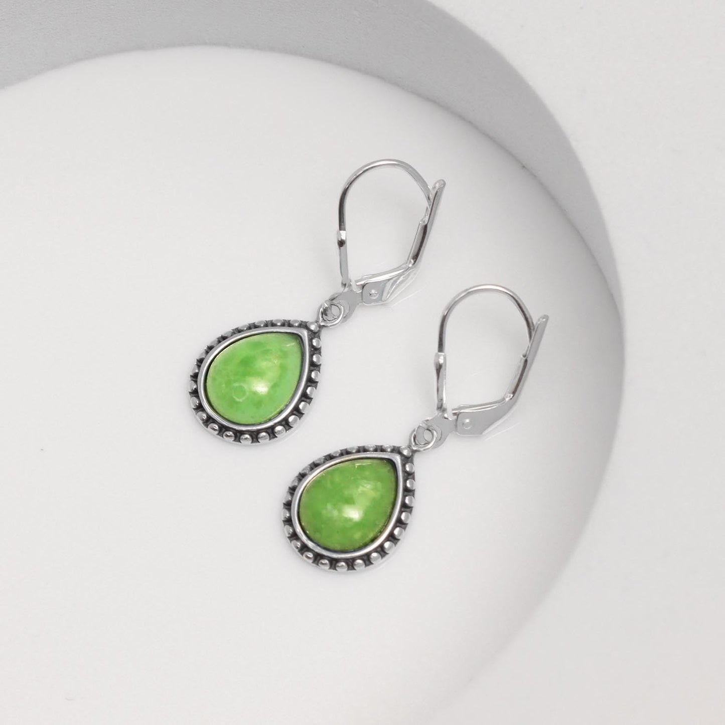LeCalla 925 Sterling Silver Teardrop Leverback Earrings for Women | Antique Pear Shaped Green Jade Dangle Earrings 30MM