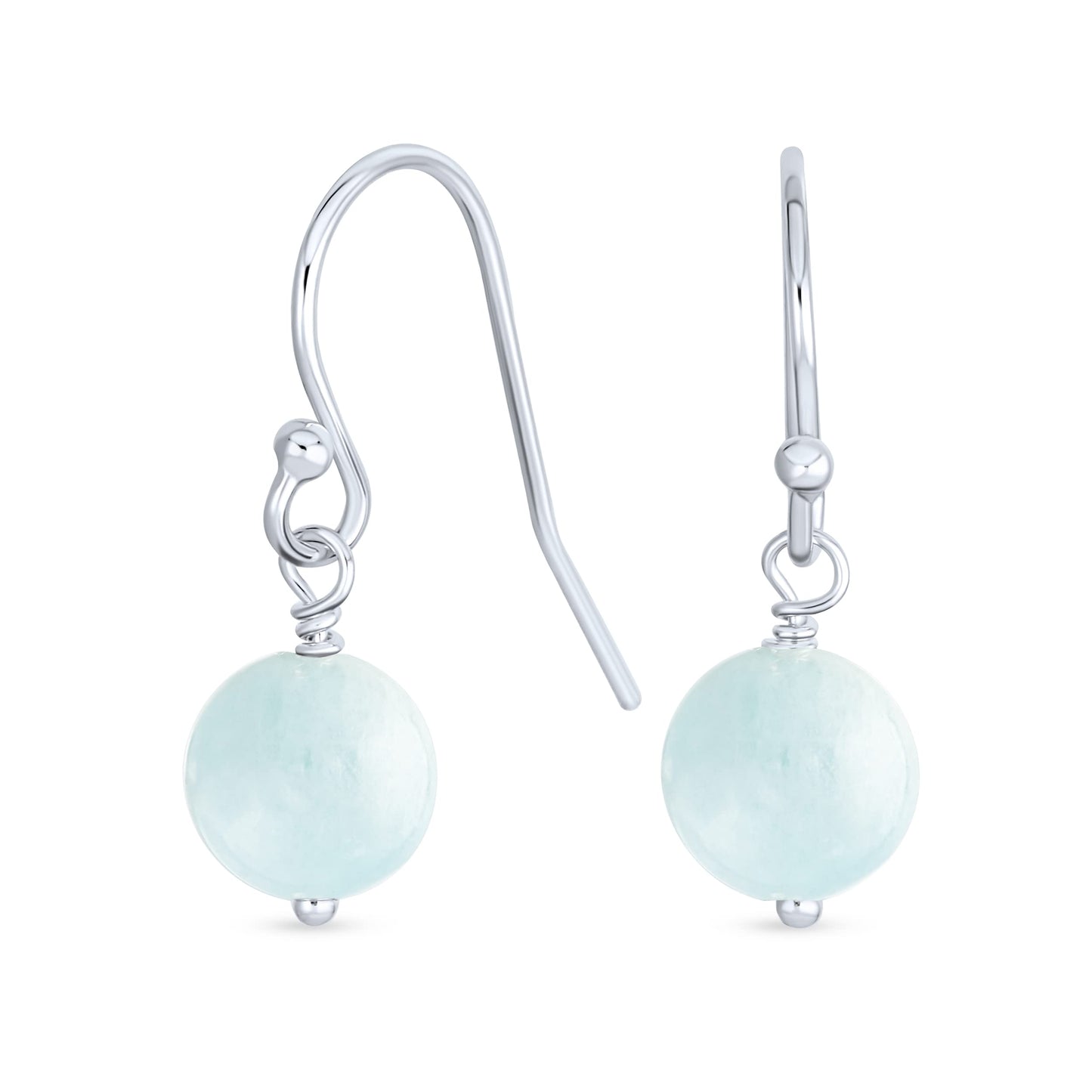 Bling Jewelry Timeless .925 Sterling Silver Blue Aquamarine Bead 8mm Ball Drop Earrings Fish Hook Genuine Gemstone December Birthstone