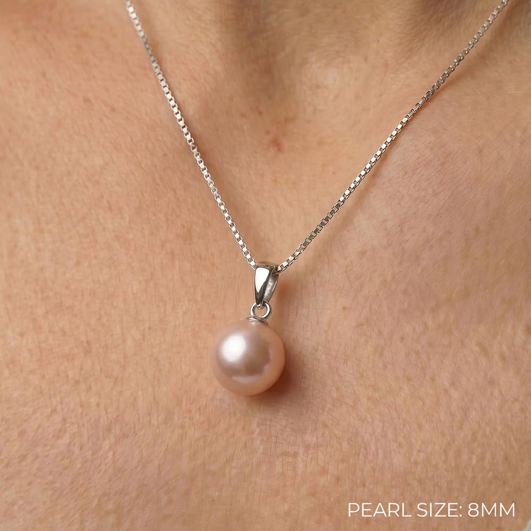 The Pearl Source Real Pearl Pendant Necklace for Women, 14K Gold Plated 925 Sterling Silver, Genuine AAAA Cultured Freshwater Pearl, 8mm Pink Pearl Necklace with 16-20 Inch Adjustable Chain