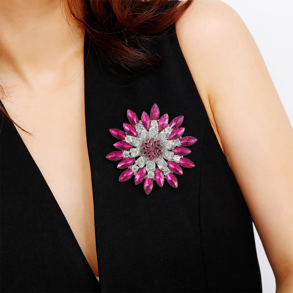 Rhinestone Large Flower Brooches Pins for Women Fashion Sparkly Crystal Sunflower Statement Brooch Unique Wedding Party Suit Dress Jewelry Accessories(Peach)