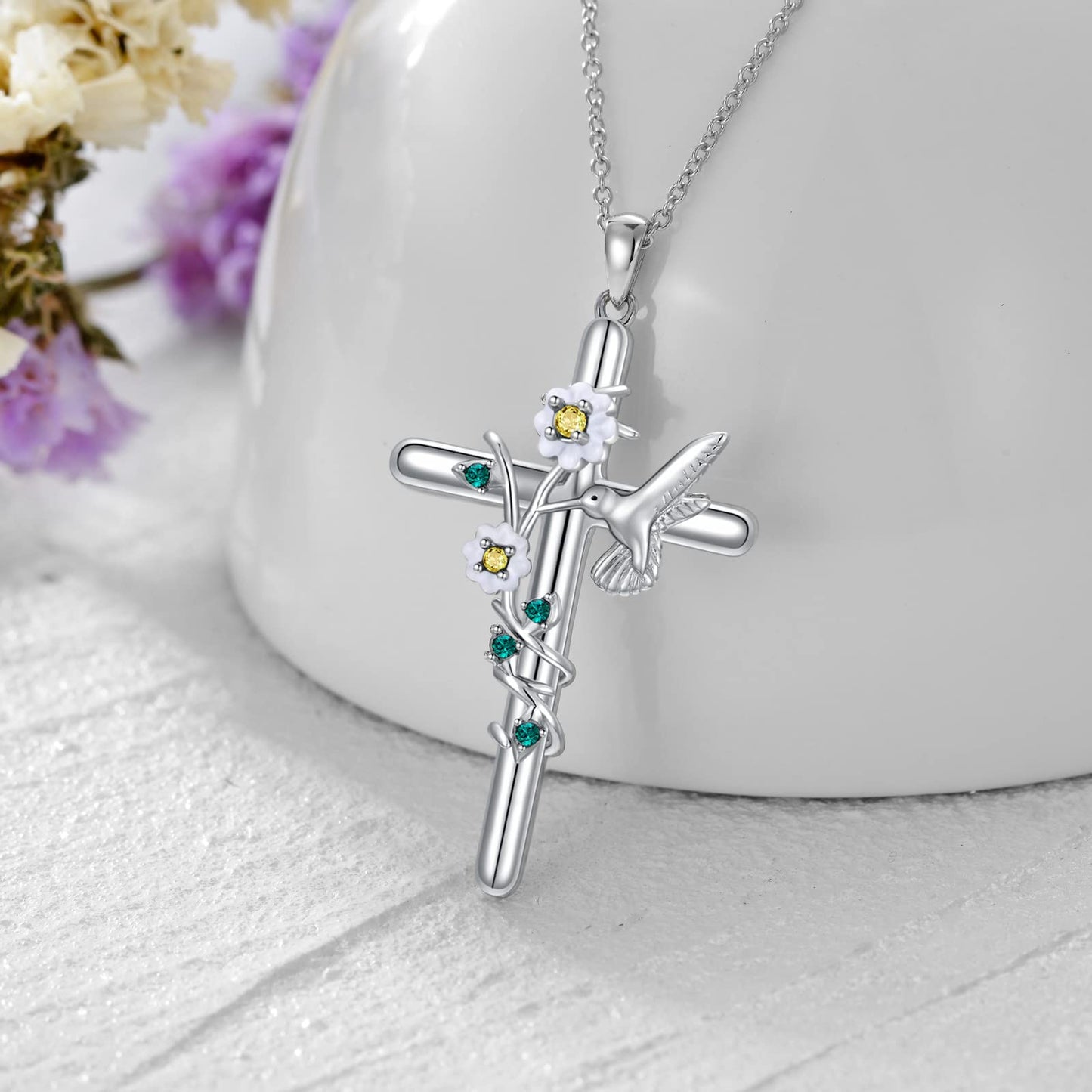 Flpruy Hummingbird Cross Necklace 925 Sterling Silver Hummingbird Gifts Cross Pendant Necklace for Women