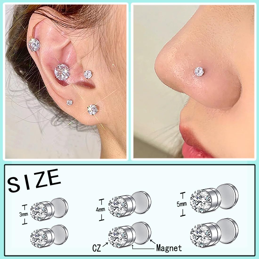 VitaCool Fake Nose Ring Hoop Fake Nose Stud Magnetic Septum Nose Ring Stud Stainless Steel CZ Piercing Faux Nose Ear Lip Non Pierced Jewelry for Women Men