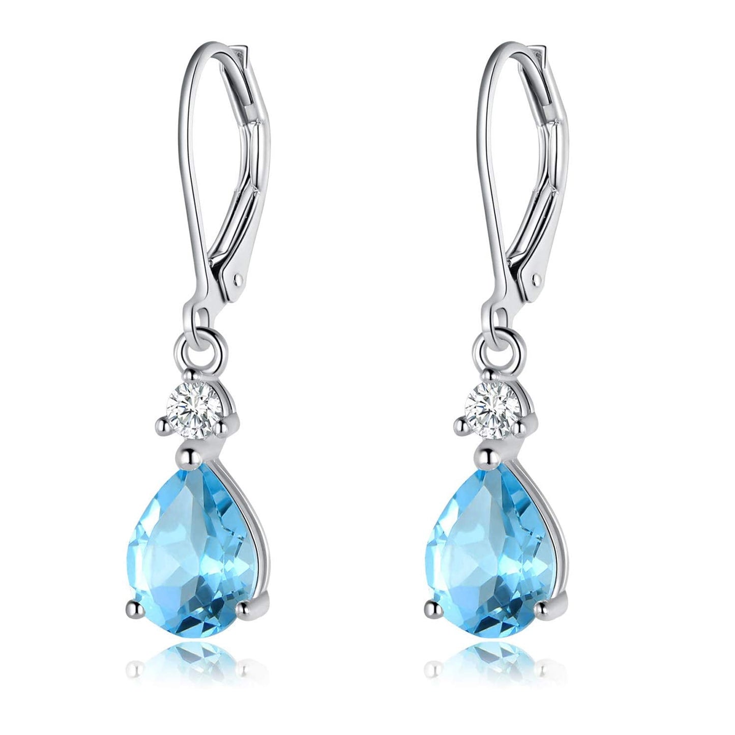 925 Sterling Silver 7 * 9mm Blue Topaz Teardrop Leverback Earrings Drop Dangly Gemstone Dangle Earrings Hypoallergenic Jewelry Birthday Gifts for Women