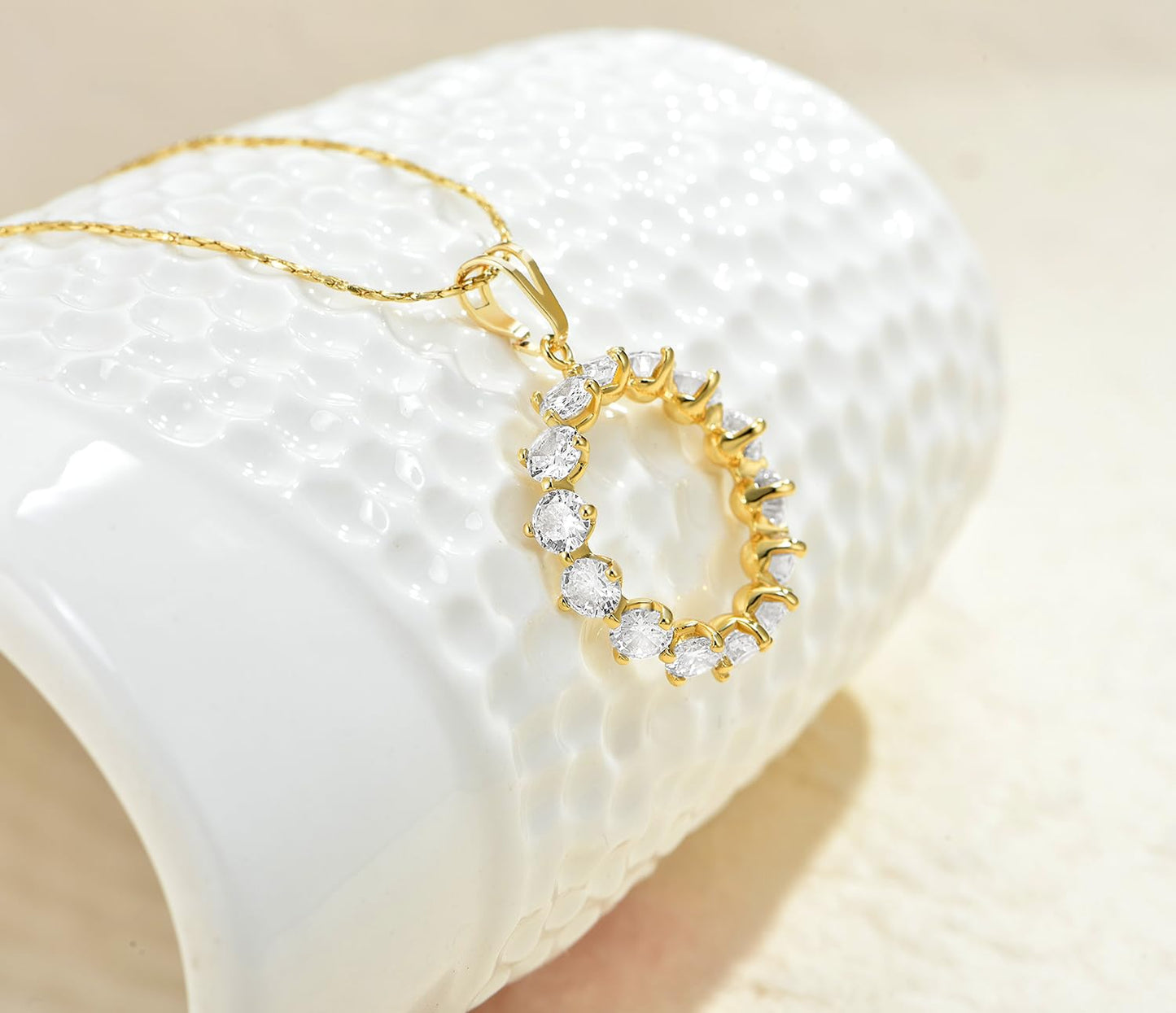 NUZON 18K Gold Plated Copper Circle Necklace for Women Cubic Zirconia Halo Open Eternity Circle Pendant Necklace Anniversary Jewelry for Her 16.5’’