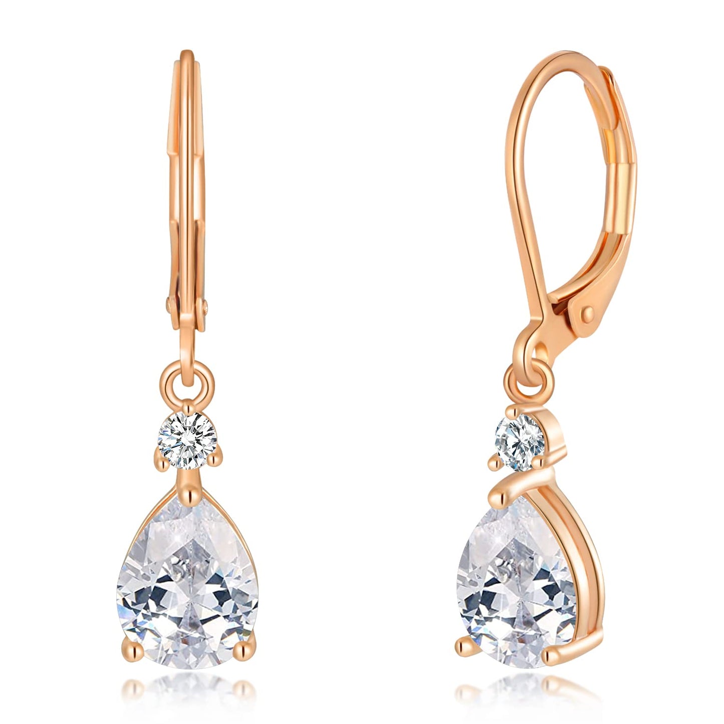 CiNily Leverback Dangle Earrings for Women 14K Rose Gold Plated Drop Earrings White Cubic Zircon Fashion Teardrop Hoop Earrings Hypoallergenic Jewelry for Her