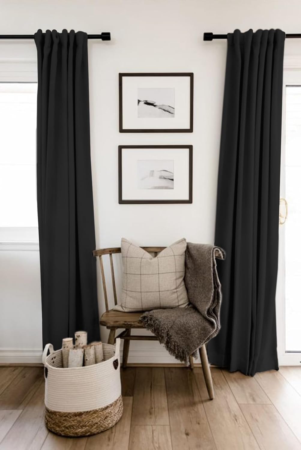 Skiennix 100% Blackout Linen Curtains - Thermal Insulated Drapes for Bedroom | 50" W x 108" L, Black