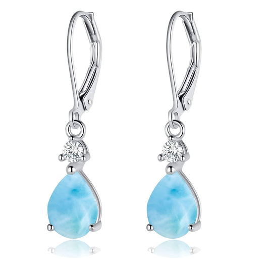 925 Sterling Silver 7 * 9mm Teardrop Larimar Leverback Earrings for Women,Pear Shaped Blue Gemstone Dangle Earrings Hypoalleregenic Jewelry