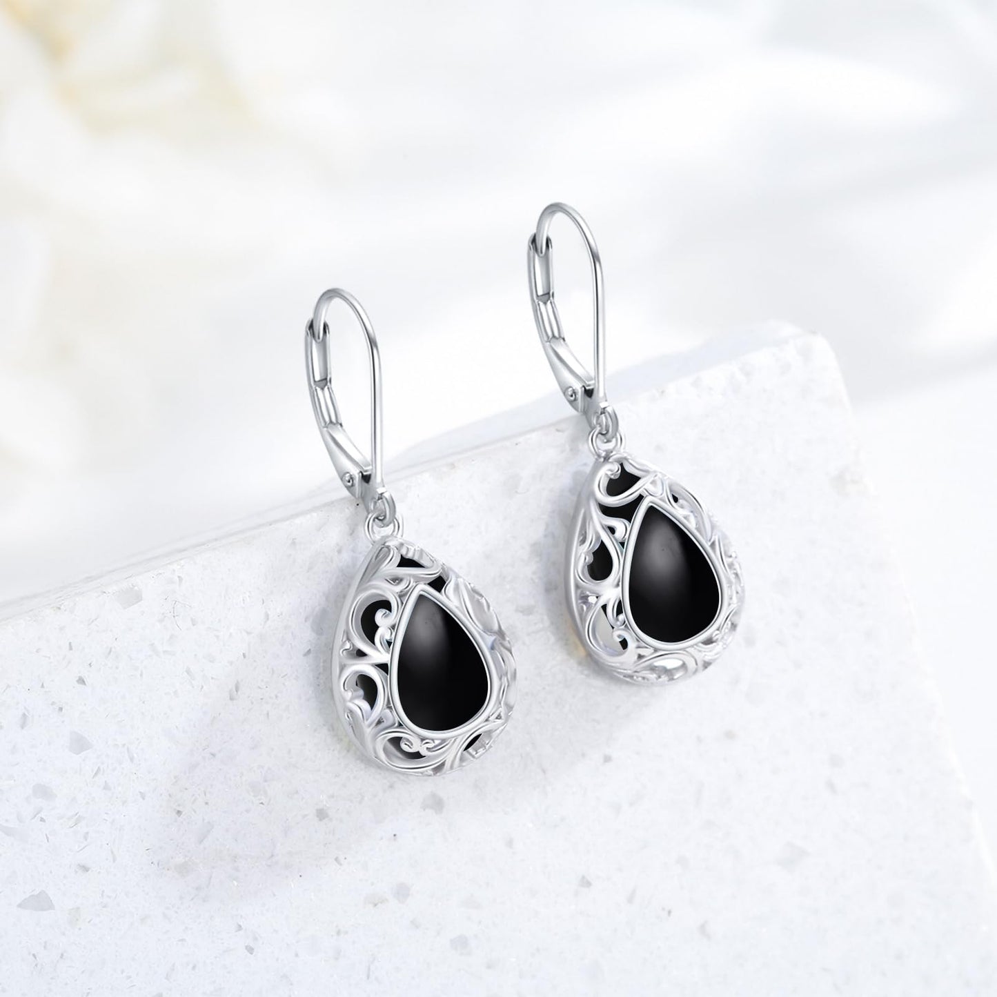 KoyeKei Filigree Black Onyx Leverback Earrings for Women 925 Sterling Silver Black Onyx Teardrop Dangle Drop Earrings Jewelry Filigree Anniversary Graduation Gifts for Sister Daugther Her
