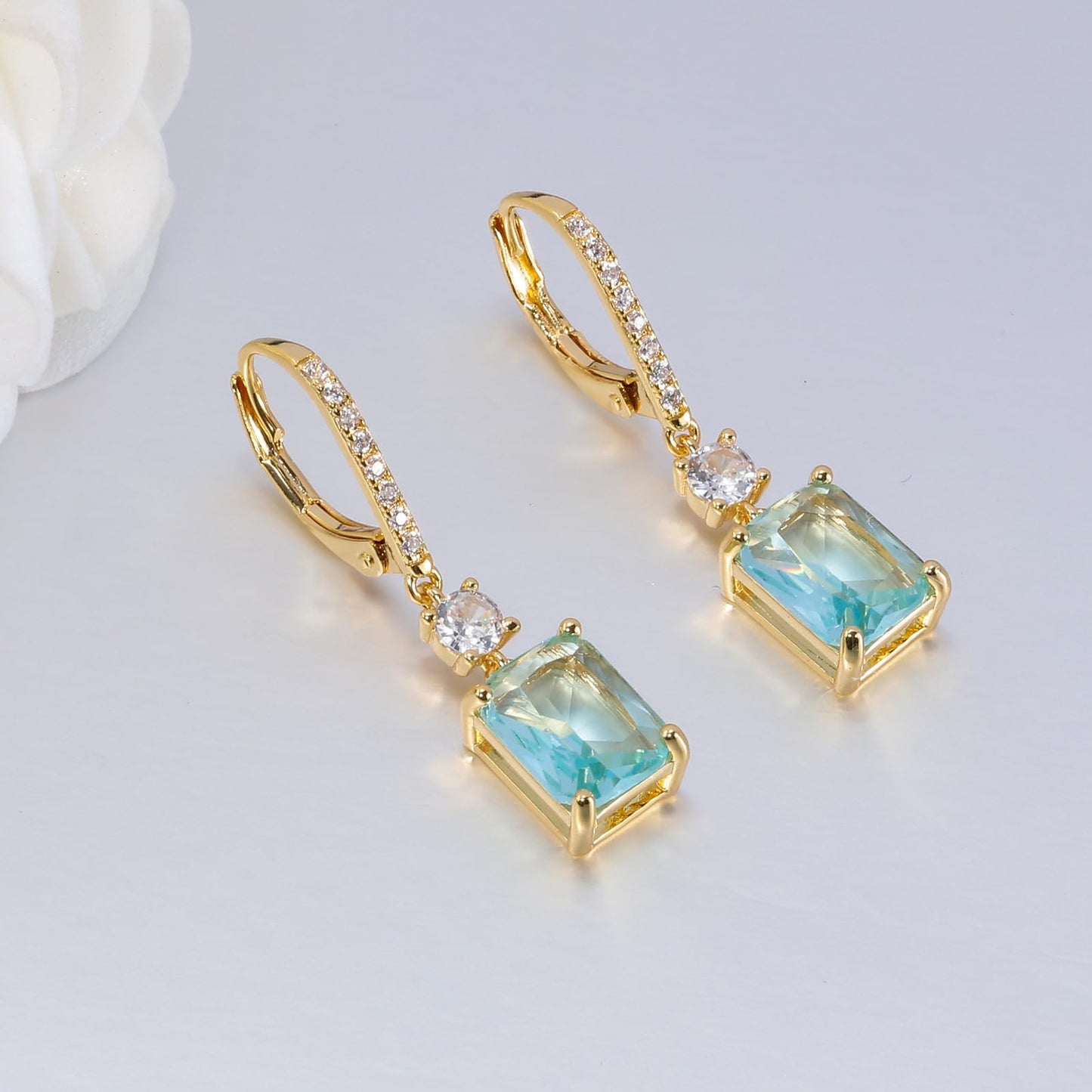 CiNily Leverback Earrings for Women Rectangular-cut Drop Dangle Earring Hypoallergenic, 14K Gold Plated Aquamarine Cubic Zircon Earrings Diamond Dangle Ear Rings Jewelry Birthday